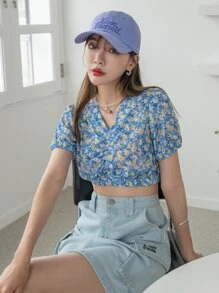 DAZY Allover Floral Ruched Front Top - Multicolor - View 1