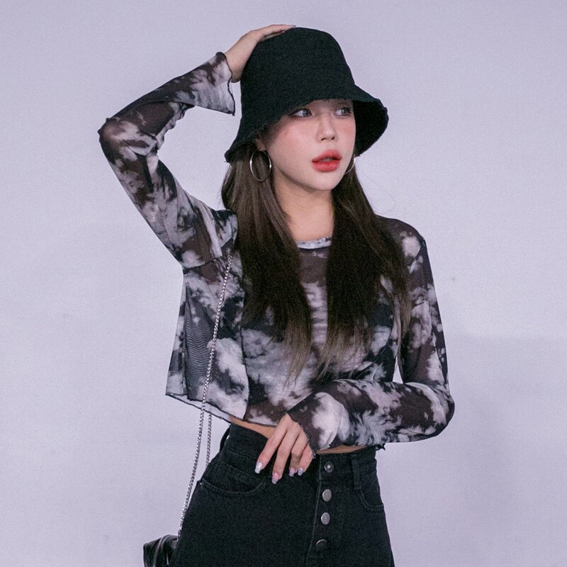 

Tie Dye Sheer Mesh Top Without Bra, Black and white