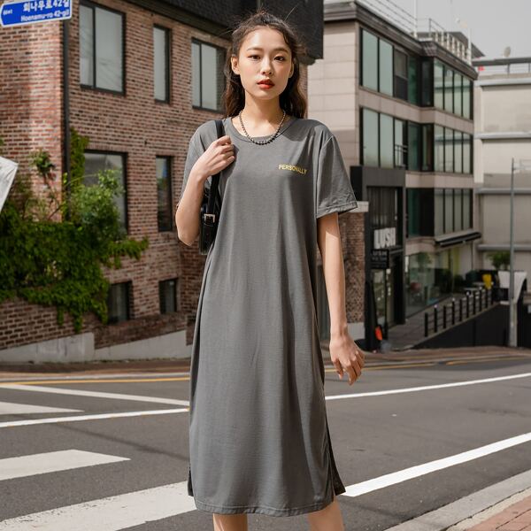 

Letter & Graphic Print Tee Dress, Dark grey