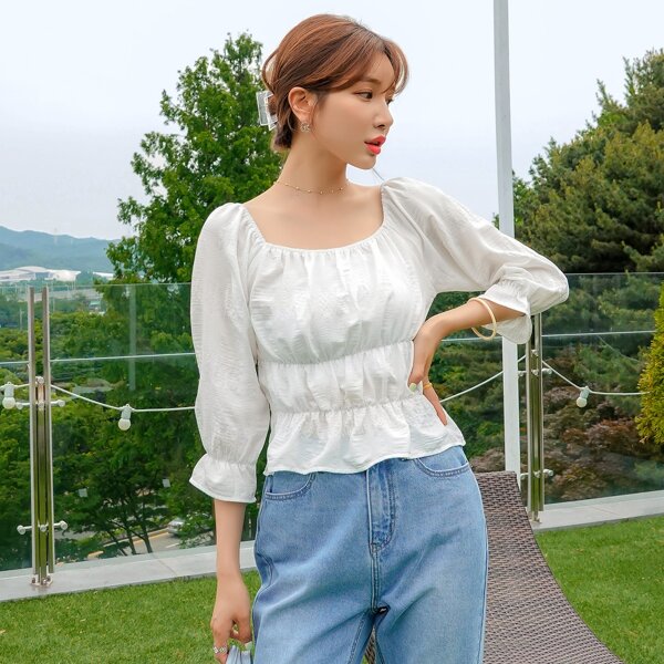 

Solid Flounce Sleeve Blouse, White