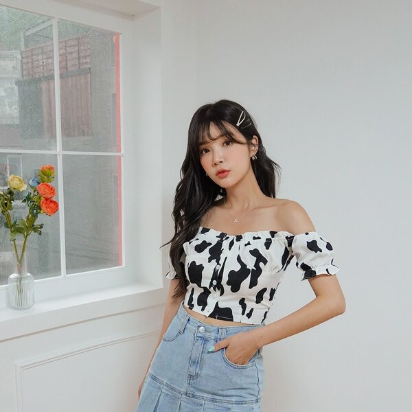 

Cow Print Frill Crop Bardot Blouse, Black and white