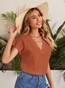 SHEIN LUNE Top unicolor de manga murciélago - Óxido marrón - Ver 3