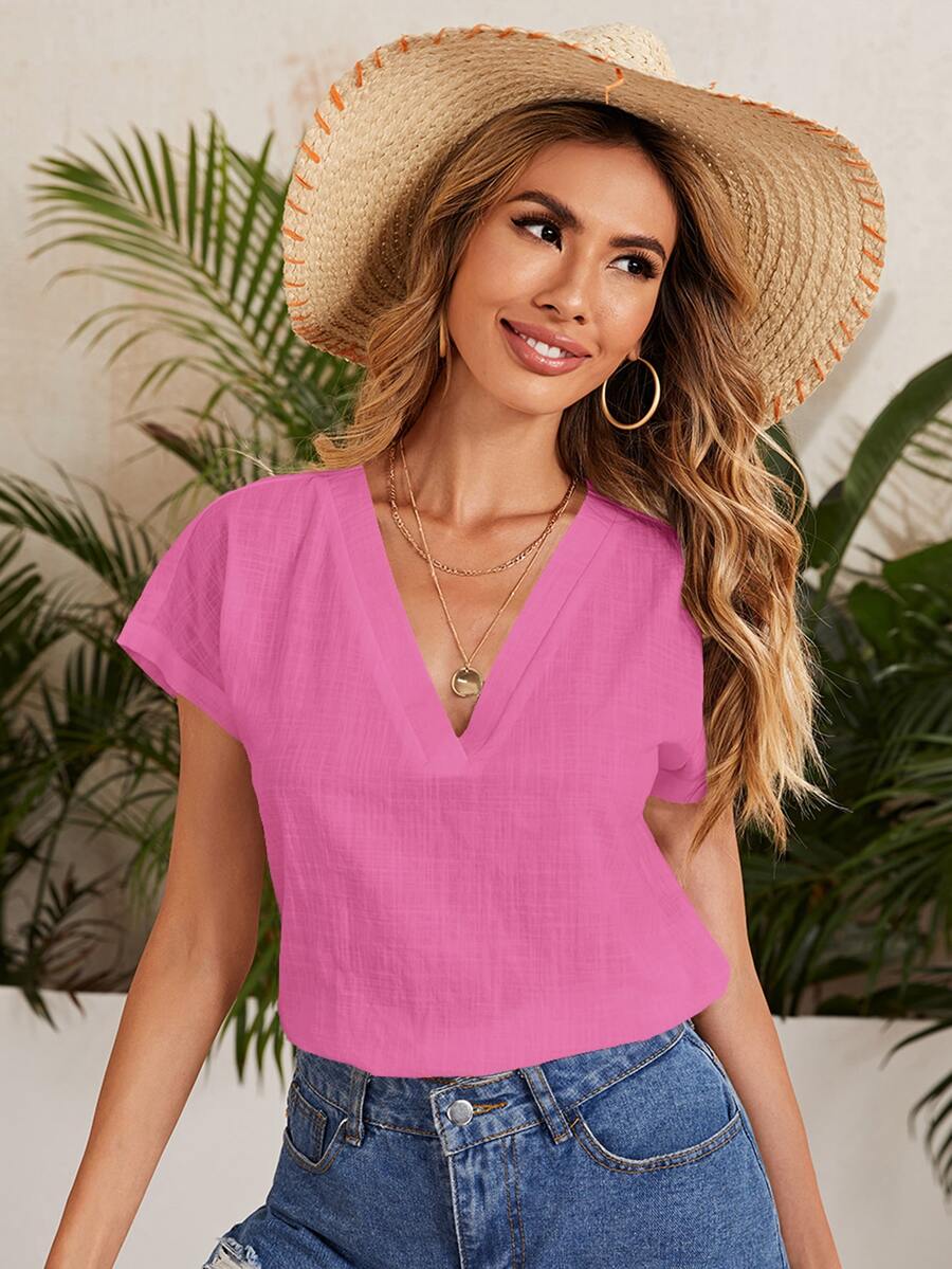 SHEIN LUNE Top unicolor de manga murciélago - Rosa Fucsia - Ver 1
