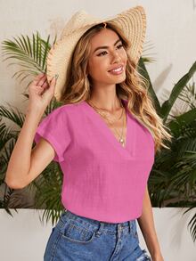SHEIN LUNE Top unicolor de manga murciélago - Rosa Fucsia - Ver 3