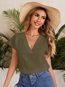 SHEIN LUNE Top unicolor de manga murciélago - Verde militar - Ver 1