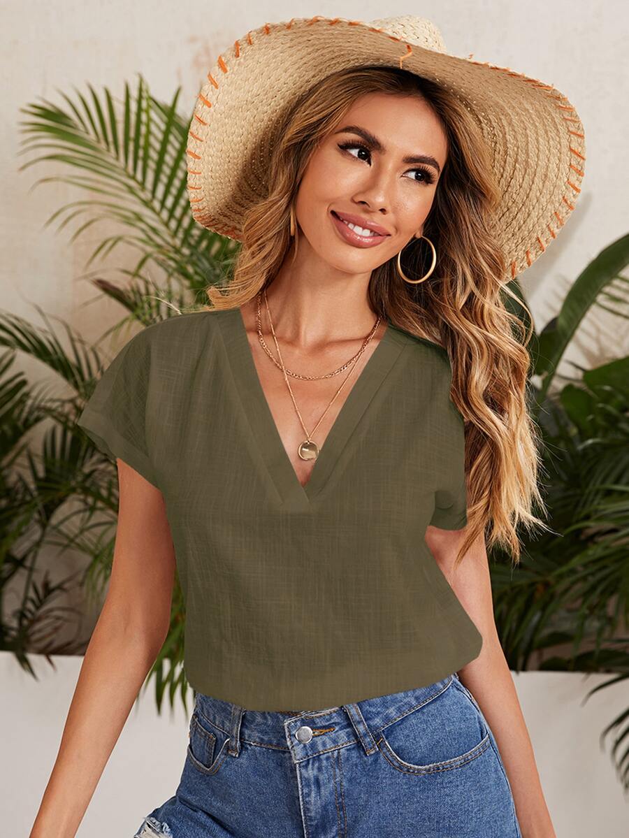 SHEIN LUNE Top unicolor de manga murciélago - Verde militar - Ver 1