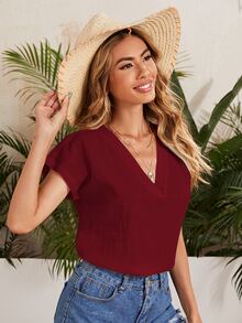 SHEIN LUNE Top unicolor de manga murciélago - Granate - Ver 4