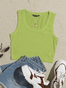SHEIN EZwear Top sin mangas liso con cuello redondo grande - Verde Lima - Ver 1