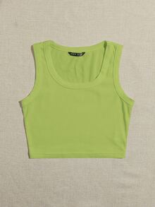 SHEIN EZwear Top sin mangas liso con cuello redondo grande - Verde Lima - Ver 5