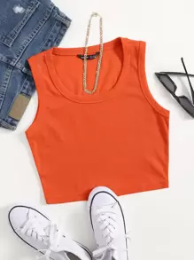 SHEIN EZwear Neon Orange Scoop Neck Solid Tank Top - Orange - View 1