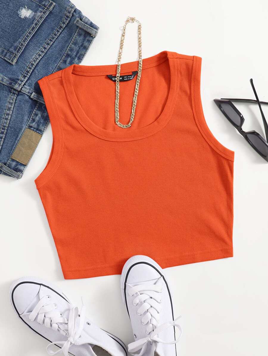 SHEIN EZwear Neon Orange Scoop Neck Solid Tank Top - Orange - View 1