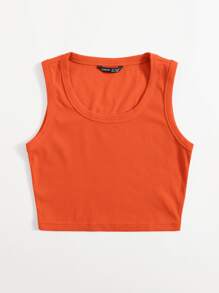 SHEIN EZwear Neon Orange Scoop Neck Solid Tank Top - Orange - View 3