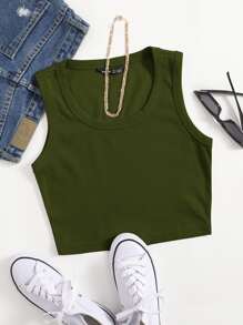 Muchica Top sin mangas liso con cuello redondo grande - Verde militar - Ver 1
