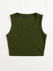 Muchica Top sin mangas liso con cuello redondo grande - Verde militar - Ver 3
