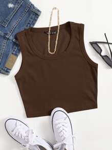Muchica Scoop Neck Solid Tank Top - Chocolate Brown - View 1