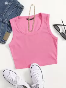 SHEIN EZwear 大圓領素色背心上衣 - 粉色 - 查看 1