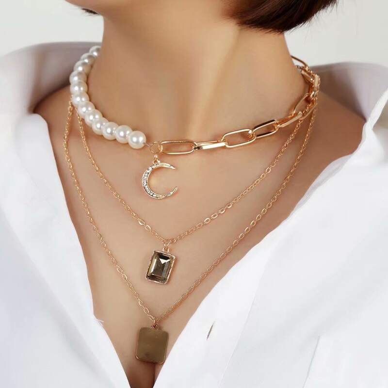 

Faux Pearl & Moon Layered Necklace, Gold