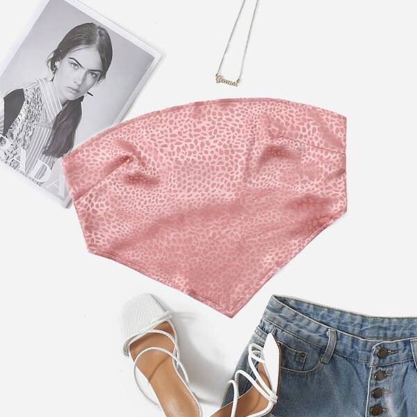 

Satin Allover Pattern Tie Back Crop Bandana Tube Top, Dusty pink