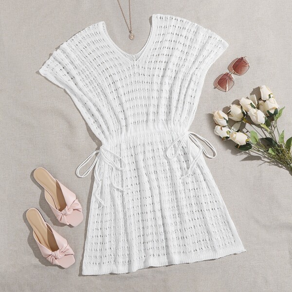 

Drawstring Waist Knitted Cover Up, White