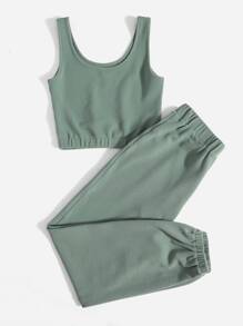 Mulvari Letter Graphic Tank Top & Joggers Set - Mint Green - View 2