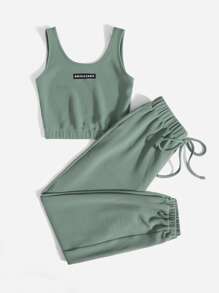 Mulvari Letter Graphic Tank Top & Joggers Set - Mint Green - View 3
