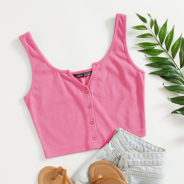 

Notched Neck Button-Front Cropped Tank Top, Pink