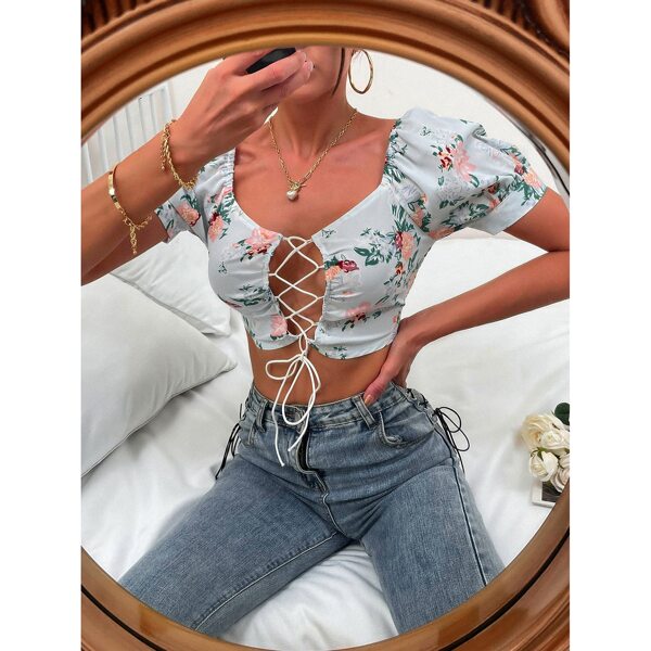 

Floral Print Lace Up Milkmaid Top, Multicolor