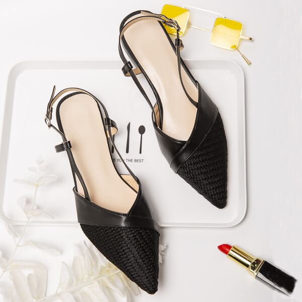 

Braided Design Point Toe Slingback Flats, Black