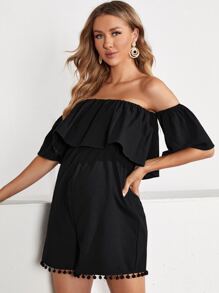 SHEIN Maternity Off Shoulder Ruffle Detail Pompom Trim Romper