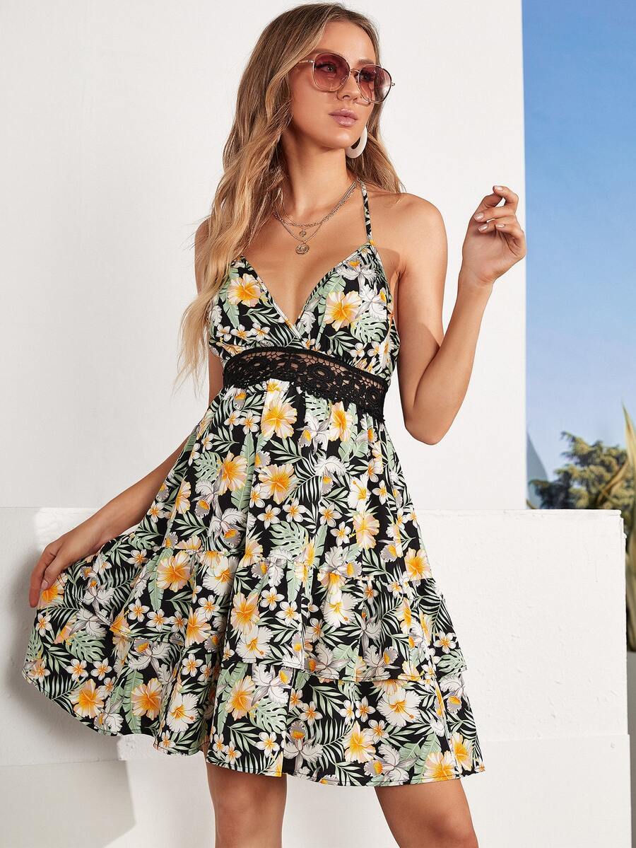 SHEIN Maternity Tropical Print Contrast Lace Insert Halter Dress - Multicolor - View 1