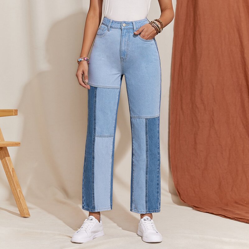 

High Waist Color Block Straight Leg Jeans, Medium wash