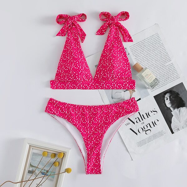 

Dalmatian Pattern Tie Shoulder Bikini Swimsuit, Hot pink
