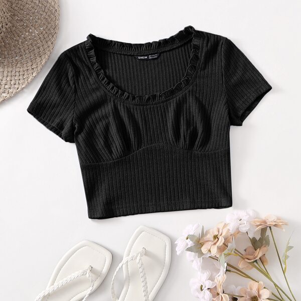

Frill Trim Rib-knit Solid Tee, Black
