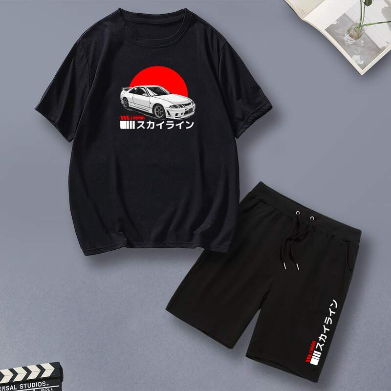 

Guys Japanese Letter Graphic Tee & Drawstring Shorts, Black