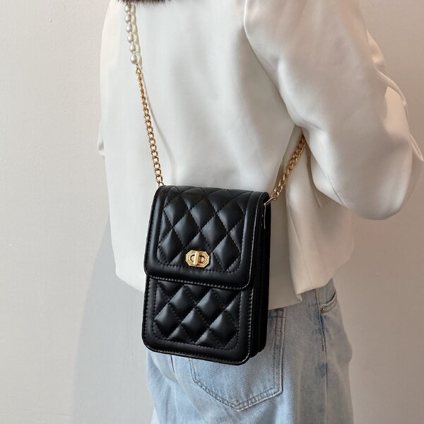 

Twist Lock Quilted Chain Crossbody Bag, Black