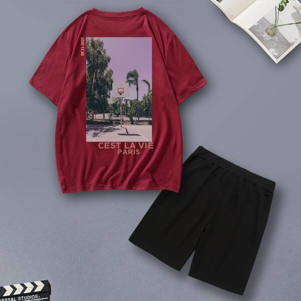 

Men Letter Graphic Tee With Track Shorts, Burgundy