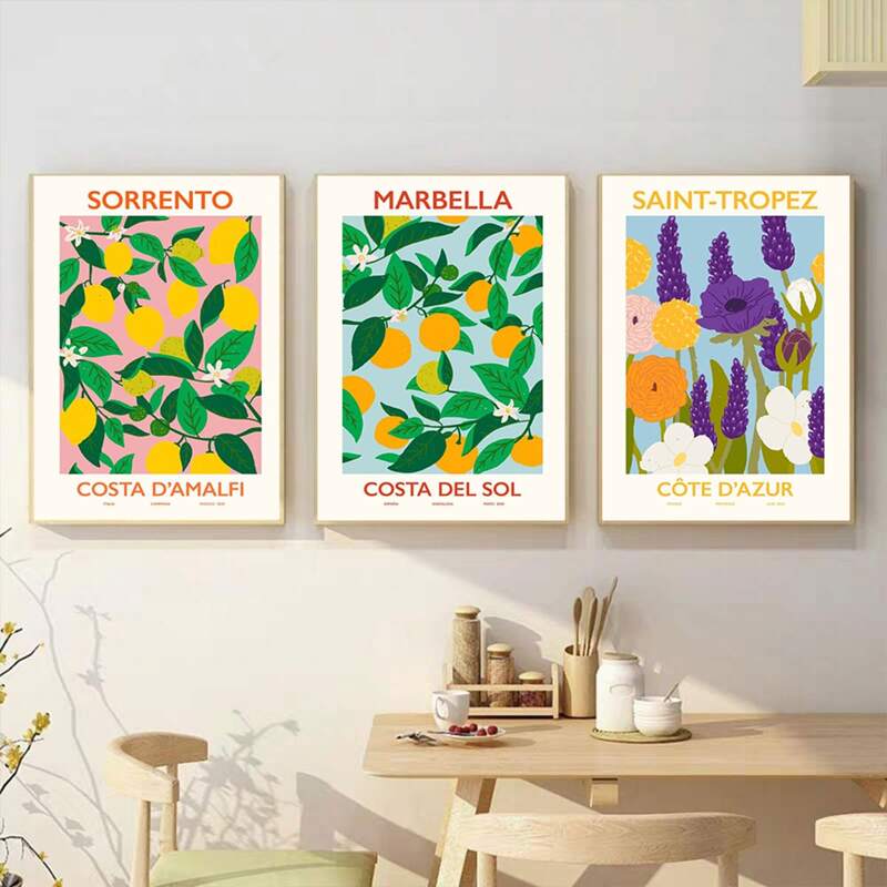 

3pcs Fruit & Flower Print Unframed Painting, Multicolor