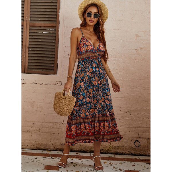 

Floral Print Criss Cross Back Ruffle Hem Cami Dress, Multicolor