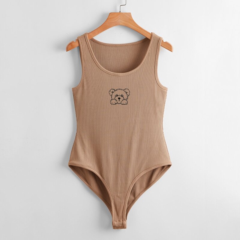 

Cartoon Bear Graphic Ribbed Bodysuit, Khaki