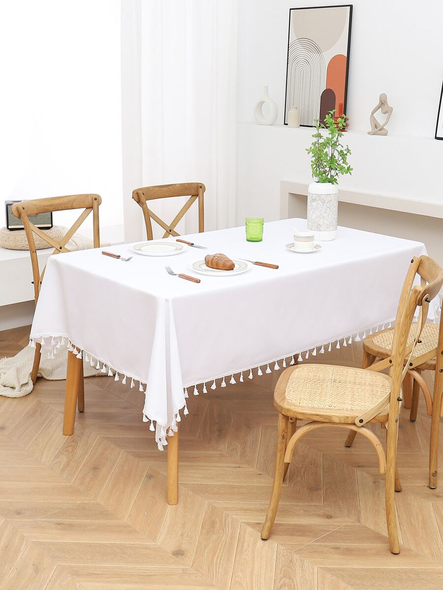 Khăn trải bàn tua rua đồng màu - trắng - Xem 1