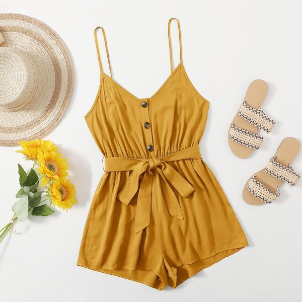 

Single Breasted Solid Cami Romper, Mustard yellow