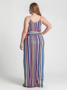 大碼條紋腰帶吊帶連衣裙 - 彩色 - 查看 2