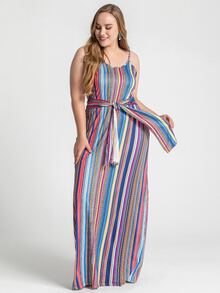 大碼條紋腰帶吊帶連衣裙 - 彩色 - 查看 3