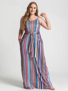 大碼條紋腰帶吊帶連衣裙 - 彩色 - 查看 4