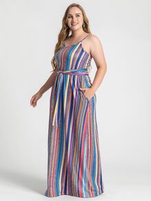大碼條紋腰帶吊帶連衣裙 - 彩色 - 查看 5