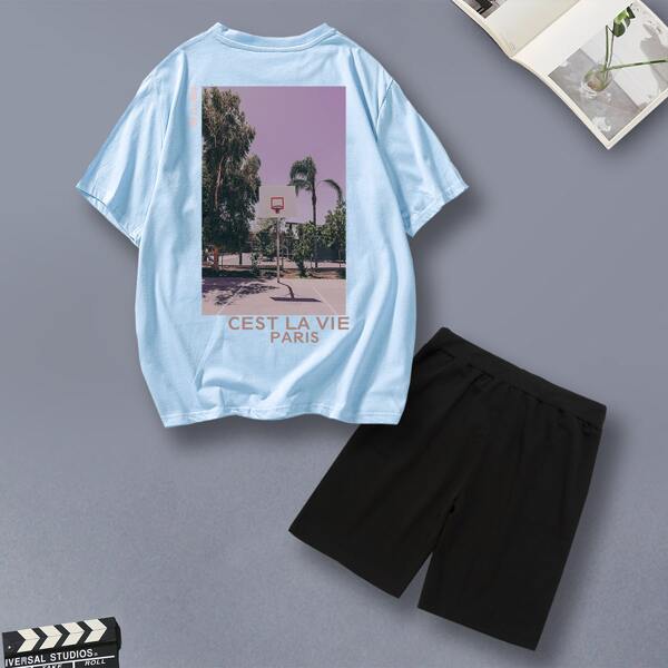 

Men Letter Graphic Tee With Track Shorts, Baby blue