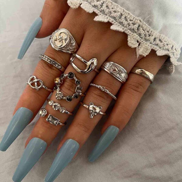 

11pcs Rhinestone Decor Ring, Silver