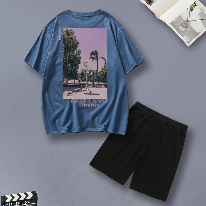 

Guys Letter Graphic Tee With Track Shorts, Dusty blue