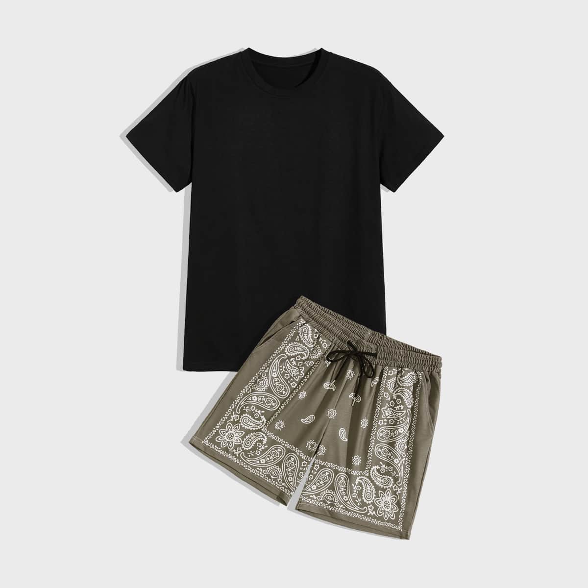 

Guys Solid Tee & Paisley Drawstring Shorts, Multicolor