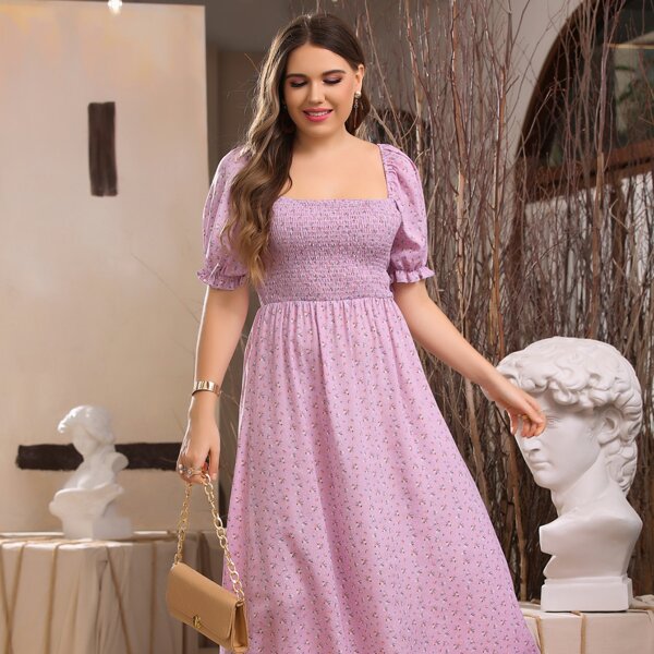 

Plus Ditsy Floral Print Shirred Puff Sleeve Dress, Purple